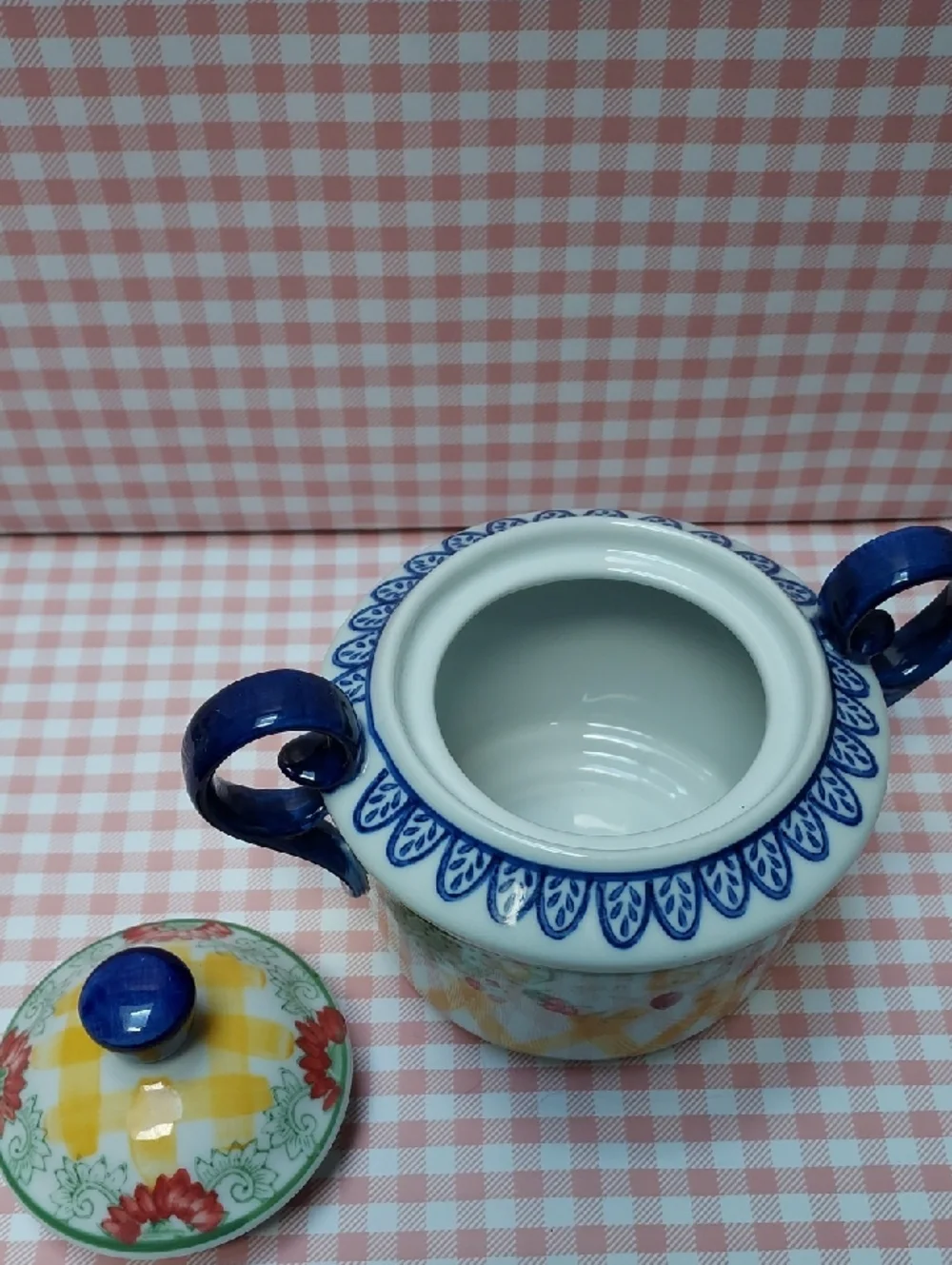 Blue Yellow Strawberry Hand Painted Ceramic Set Pitcher Sugar Bowl Creamer Mug - Picture 9 of 10